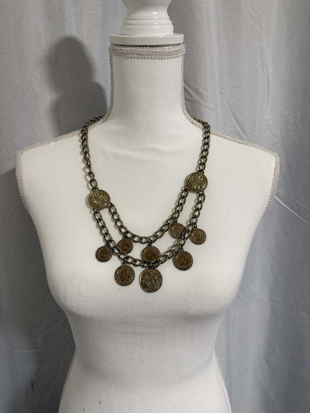 Vintage Multi-Strand Antiqued Gold Tone Coin Charm Necklace